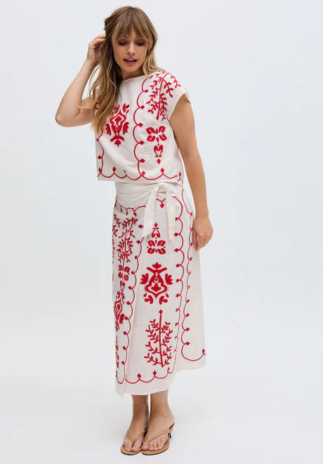 White Cross-Stitch Wrap Midi Dress
