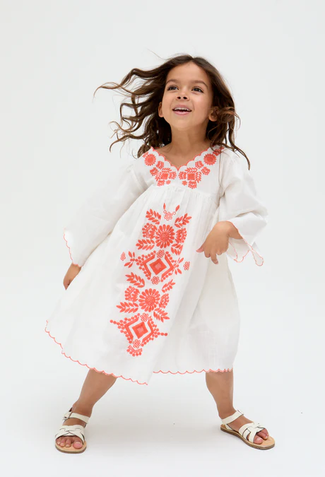 Children's White V-Neck Embroidered Dress