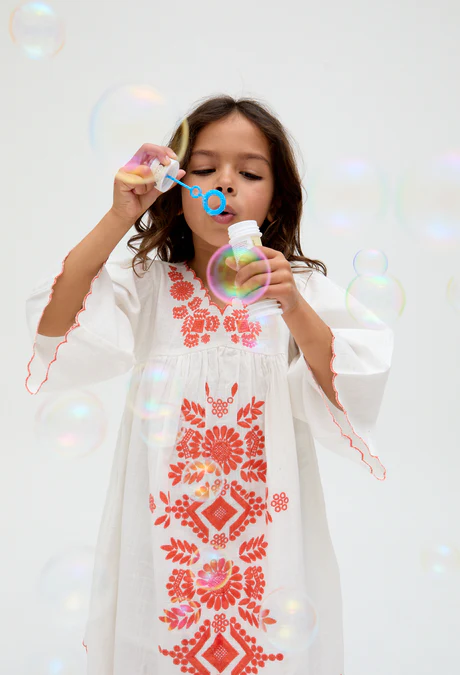 Children's White V-Neck Embroidered Dress