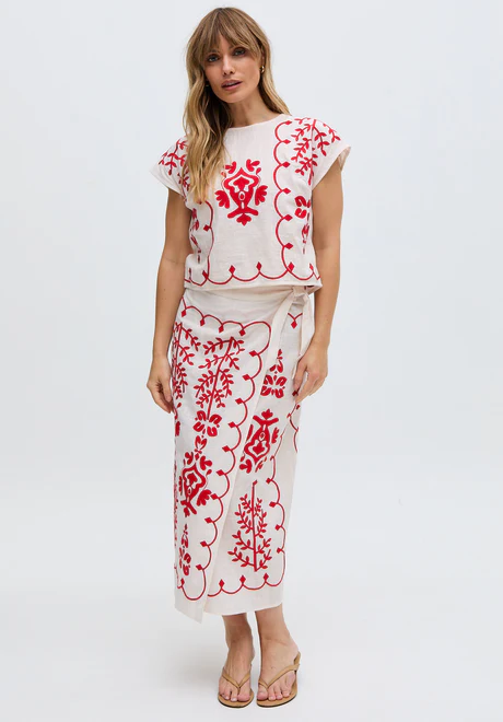 White Cross-Stitch Wrap Midi Dress