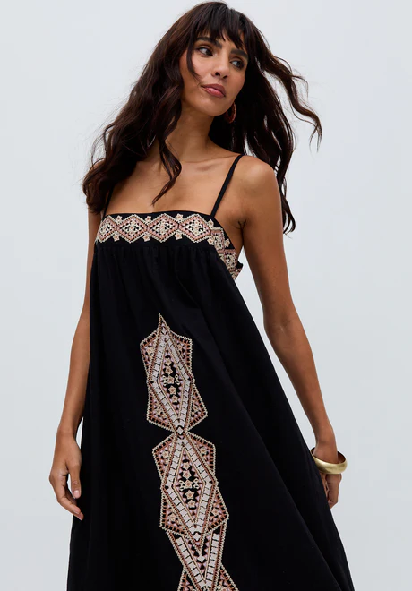 Sapphire Embroidered Black Maxi Dress with Spaghetti Straps